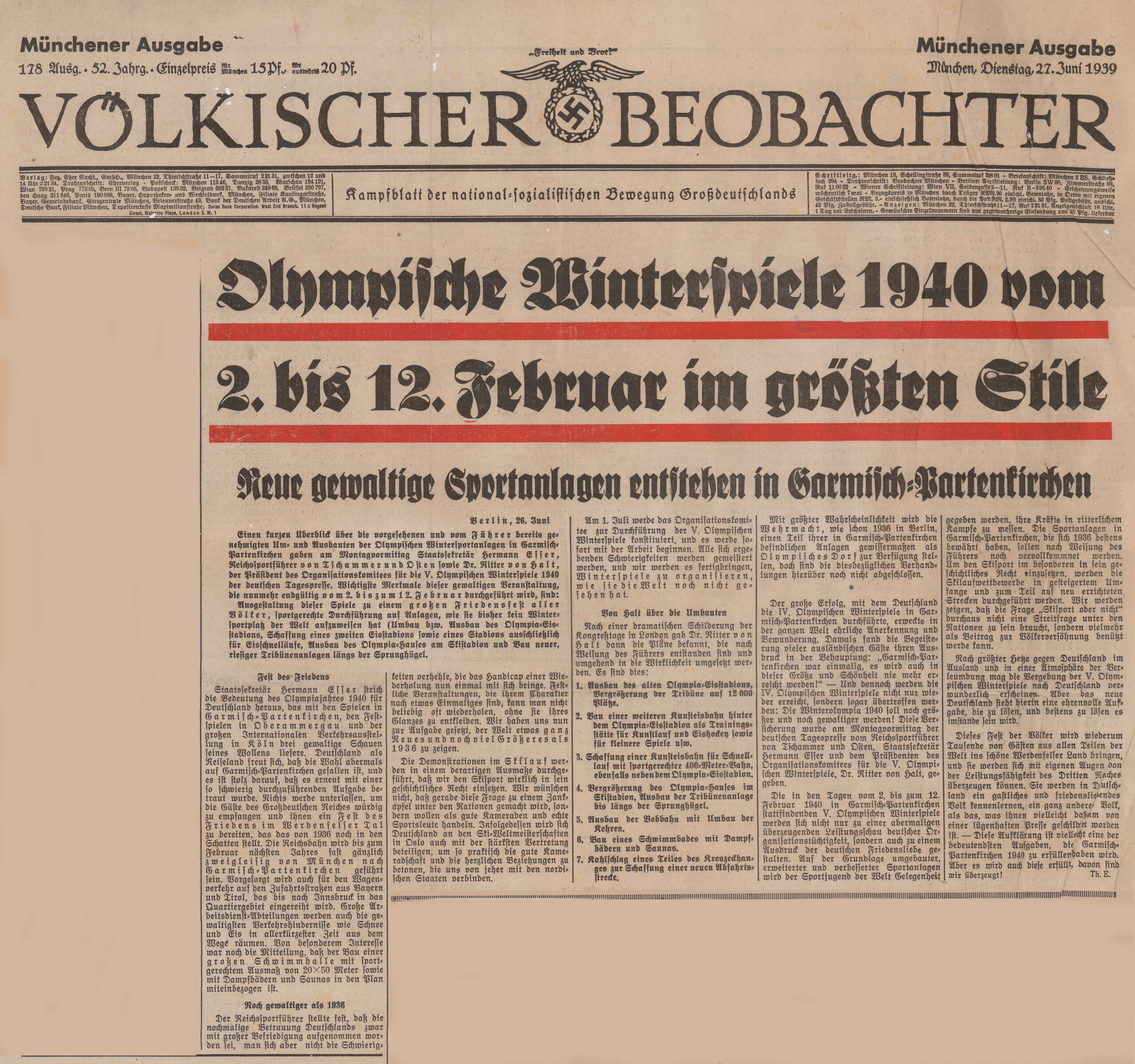 Original Zeitungsartikel über die geplanten Olympischen Spiele aus dem Jahre 1939
